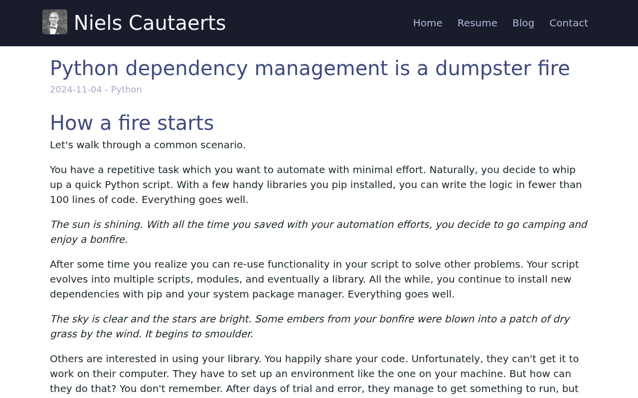 Screenshot of Niels Cautaerts - Python dependency management is a dumpster fire