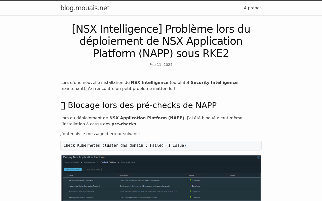 Screenshot of [NSX Intelligence] Problème lors du déploiement de NSX Application Platform (NAPP) sous RKE2