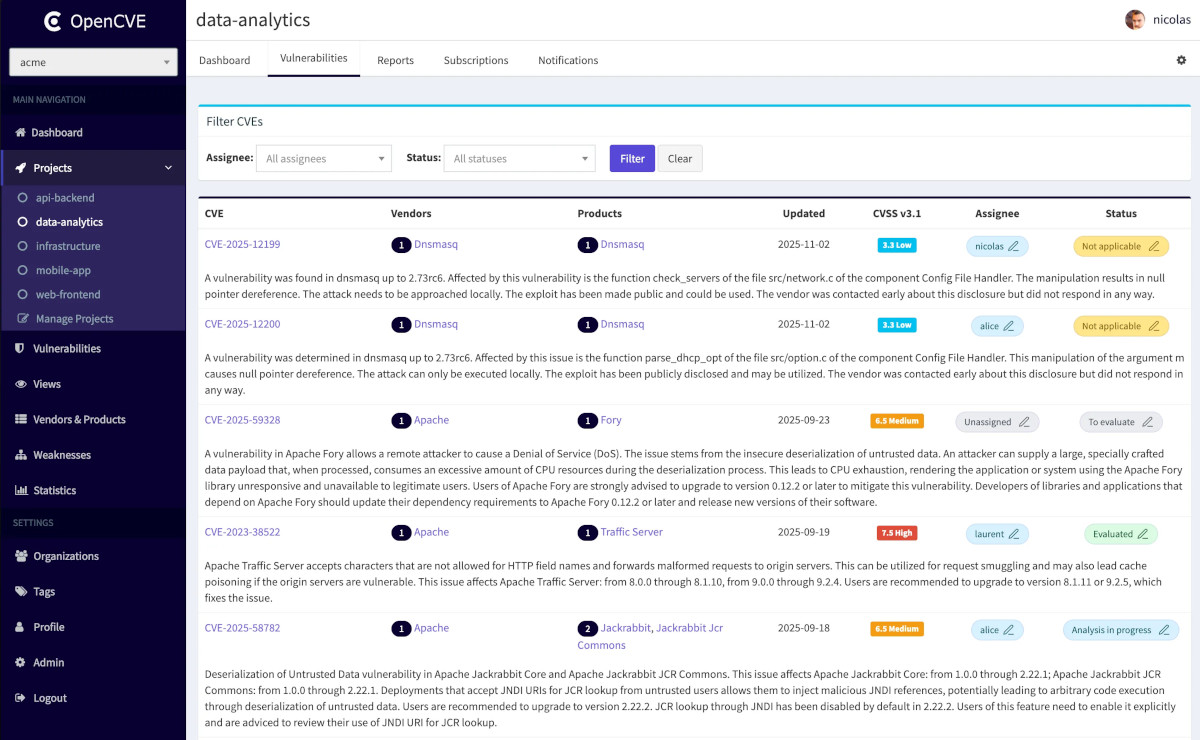 Screenshot of OpenCVE - Vulnerability Intelligence Platform