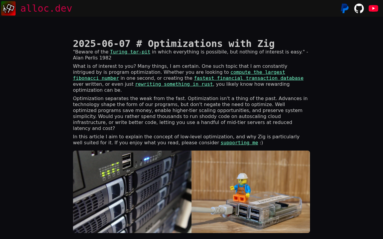 Screenshot of Optimizations with Zig | alloc.dev