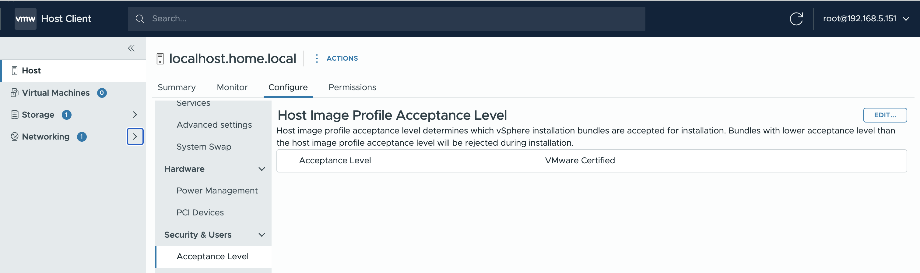 Screenshot of Overriding ESX Host Acceptance Level with Secure Boot Enabled