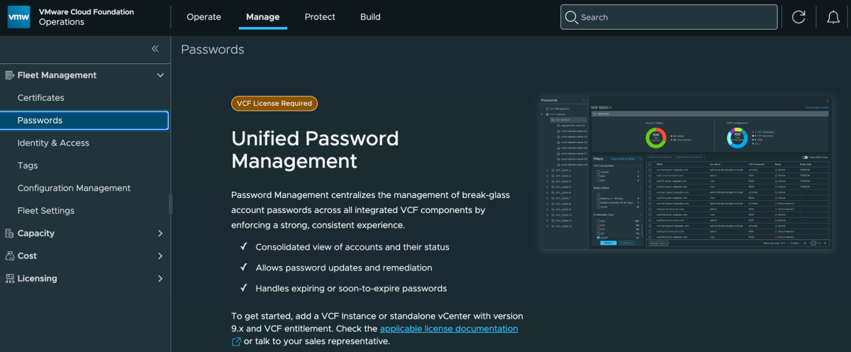 Screenshot of Password, Certificate & Backup Management UI/API for VMware vSphere Foundation (VVF) 9.1