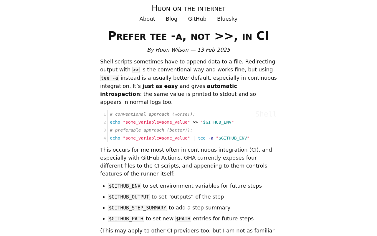 Screenshot of Prefer tee -a, not >>, in CI