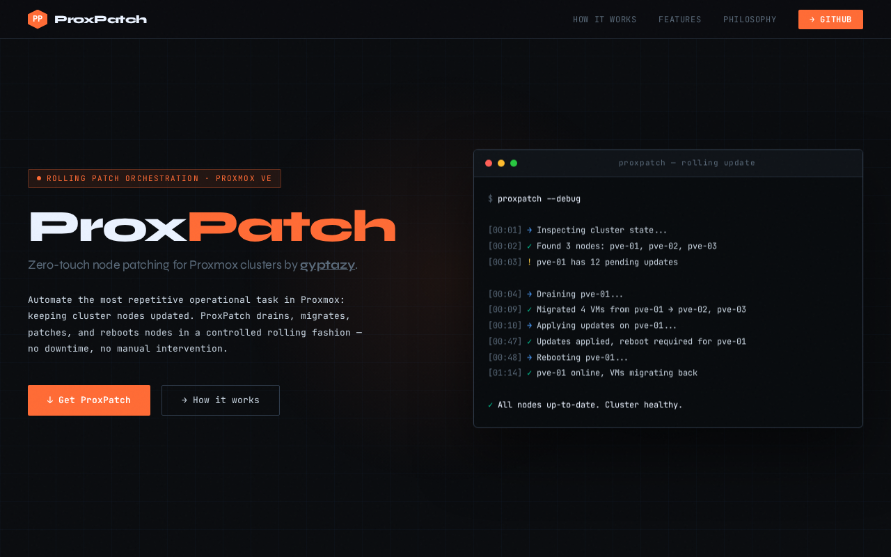 Screenshot of ProxPatch — Rolling Patch Orchestration for Proxmox VE