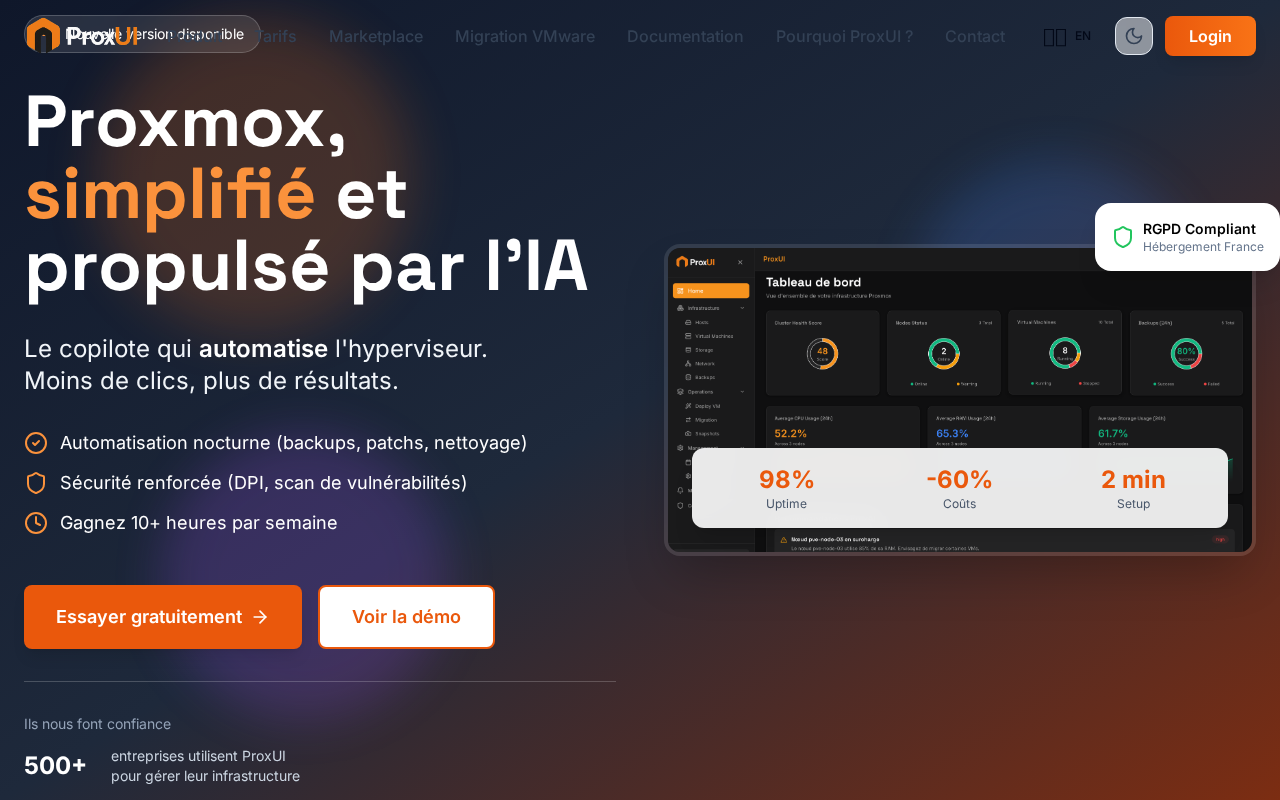 Screenshot of ProxUI - Gestion Proxmox simplifiée