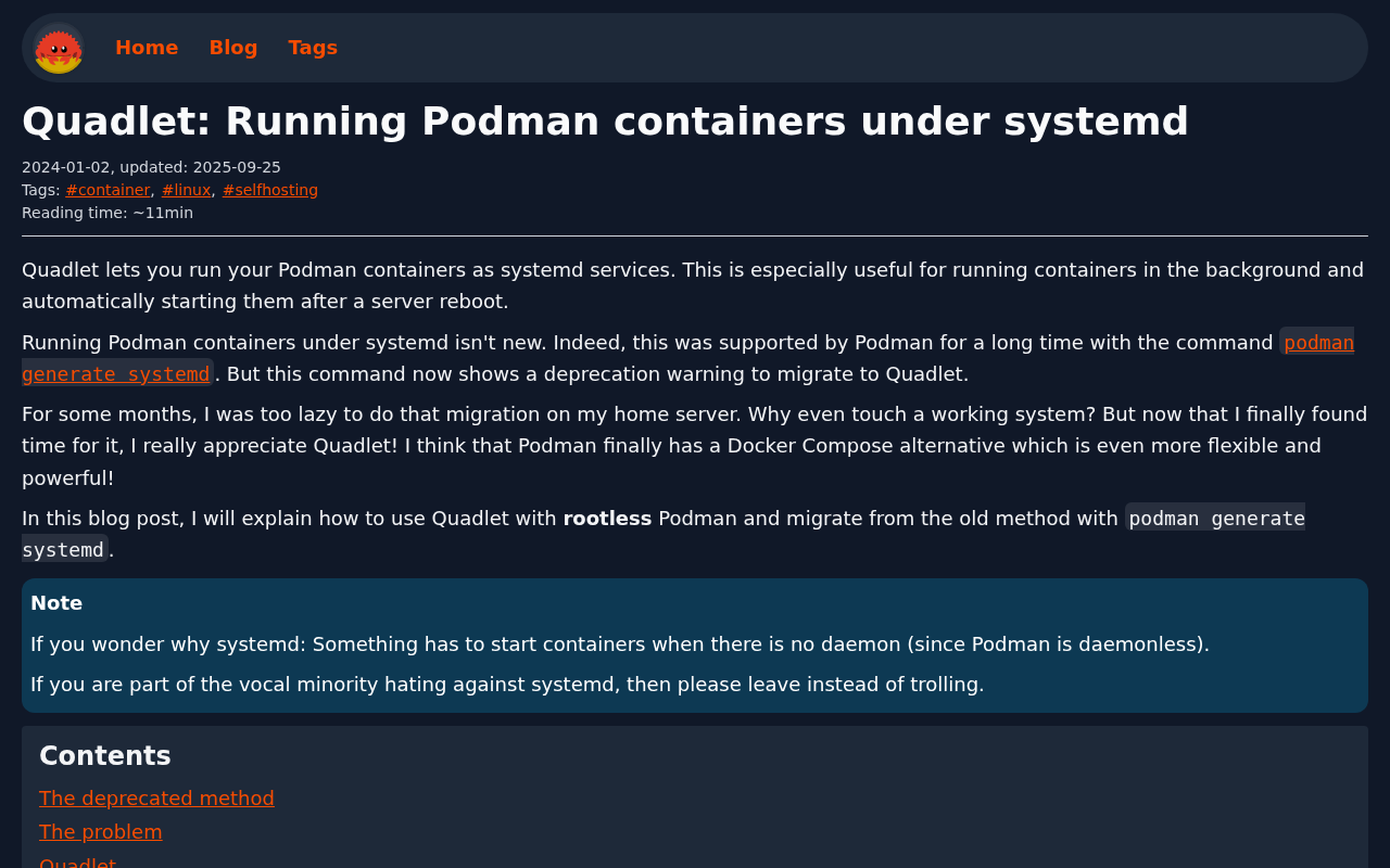 Screenshot of Quadlet: Running Podman containers under systemd