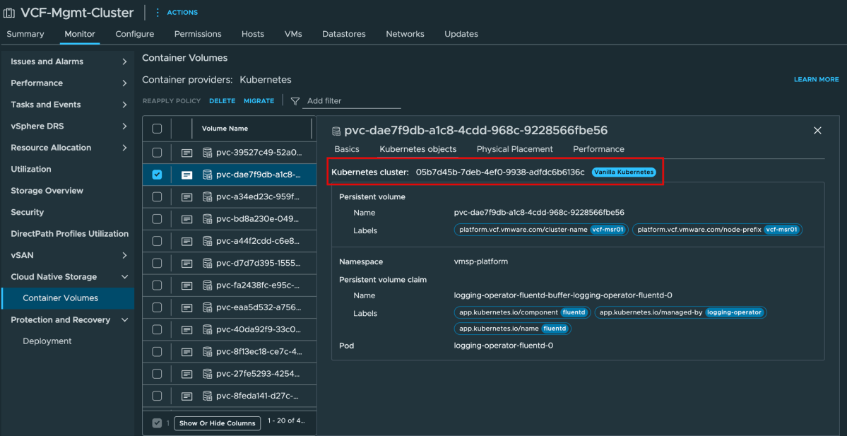 Screenshot of Quick Tip: How to Identify Which Kubernetes Cluster Owns a vSphere Container Volume (PV)