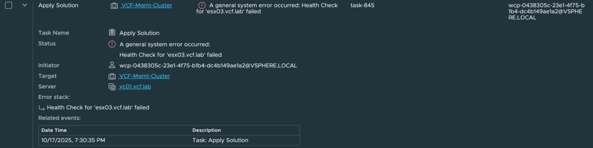 Screenshot of Quick Tip - vSphere Supervisor fails to complete due to vSAN Health Check Alerts