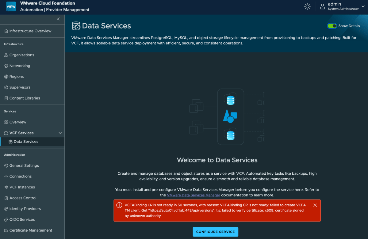 Screenshot of Quick Tip - Workaround for failed VCFABinding for connecting VCF 9.0 Automation to Data Services Manager (DSM)