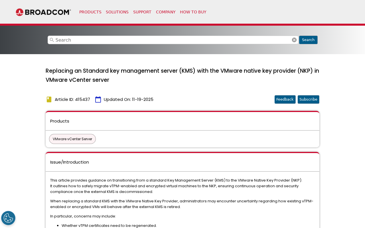 Screenshot of Replacing an Standard key management server (KMS) with the VMware native key provider (NKP) in VMware vCenter server