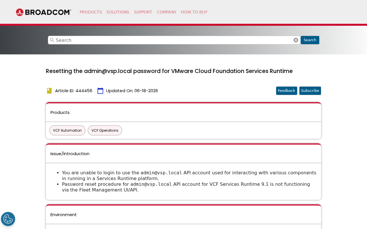 Screenshot of Resetting the admin@vsp.local password for VMware Cloud Foundation Services Runtime