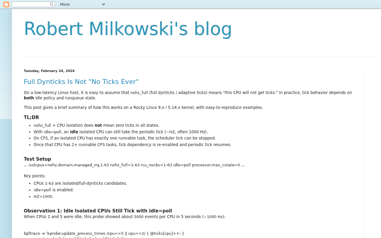 Screenshot of Robert Milkowski's blog