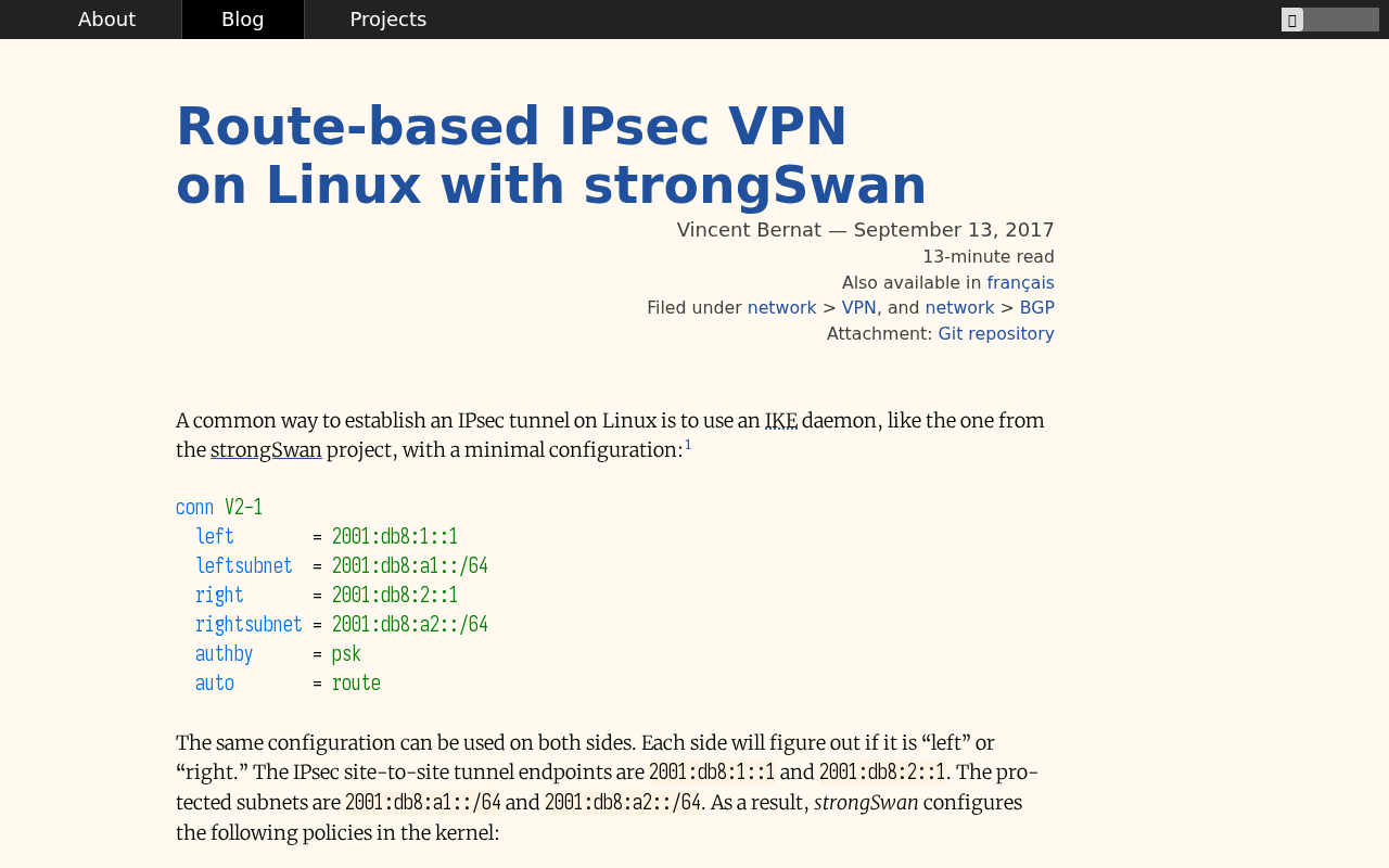 Screenshot of Route-based IPsec VPN on Linux with strongSwan