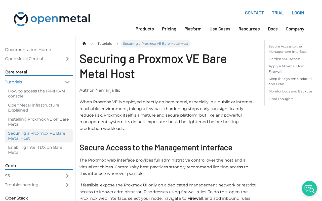 Screenshot of Securing a Proxmox VE Bare Metal Host | OpenMetal Docs