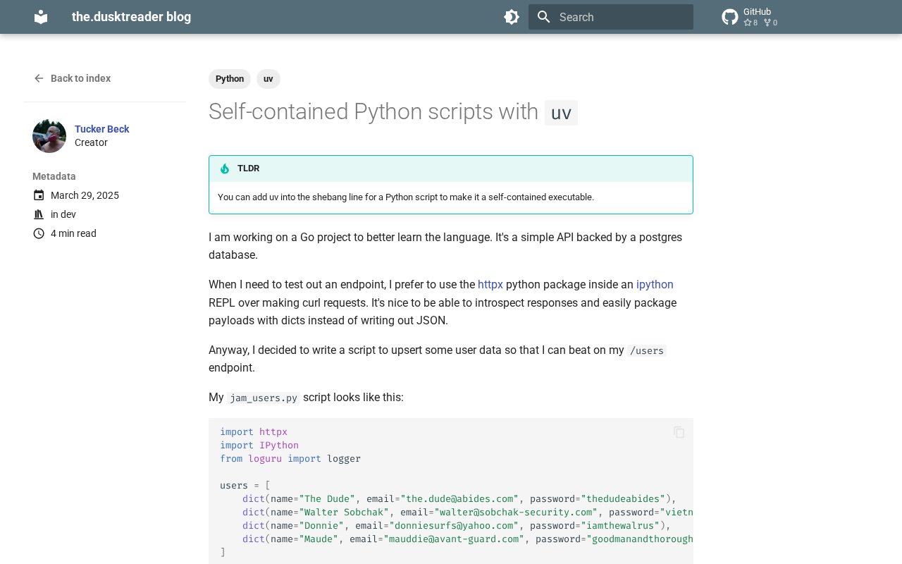 Screenshot of Self-contained Python scripts with uv - the.dusktreader blog