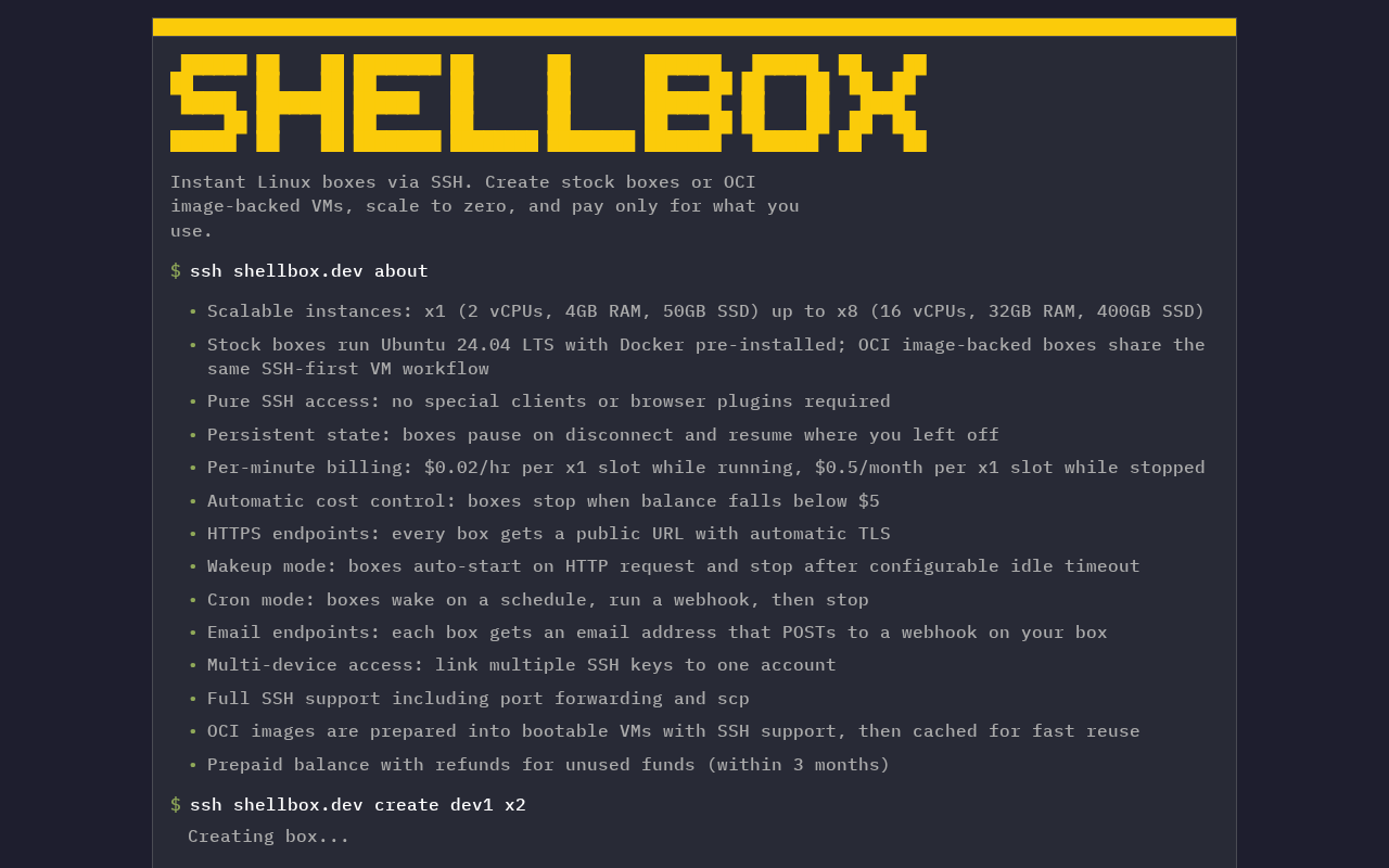 Screenshot of shellbox - Instant Linux Boxes and OCI-backed VMs via SSH
