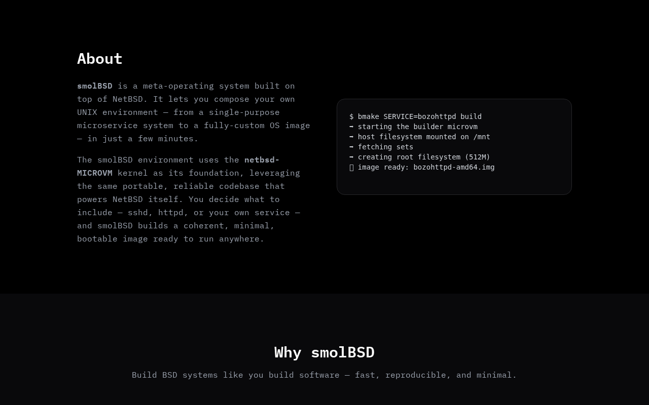 Screenshot of smolBSD — build your own minimal BSD system