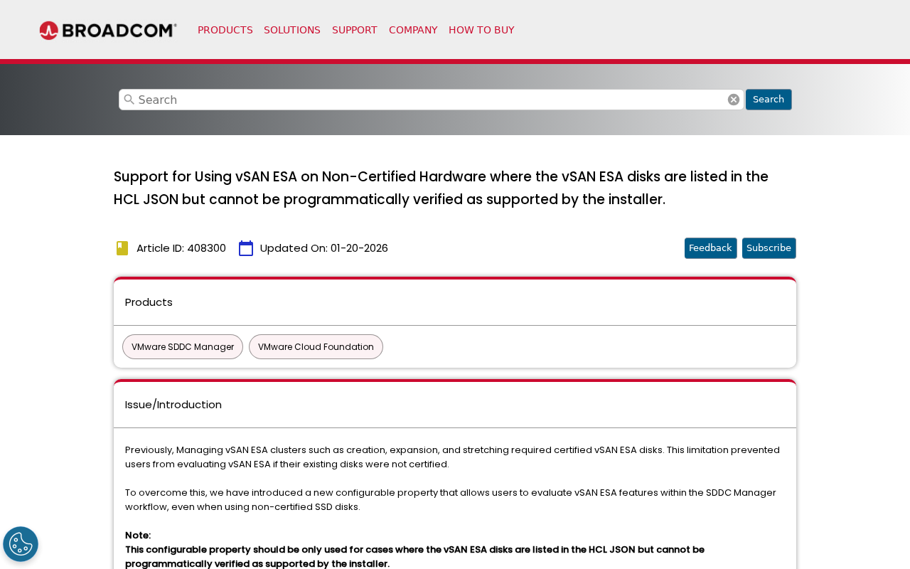 Screenshot of Support for Using vSAN ESA on Non-Certified Hardware where the vSAN ESA disks are listed in the HCL JSON but cannot be programmatically verified as supported by the installer.
