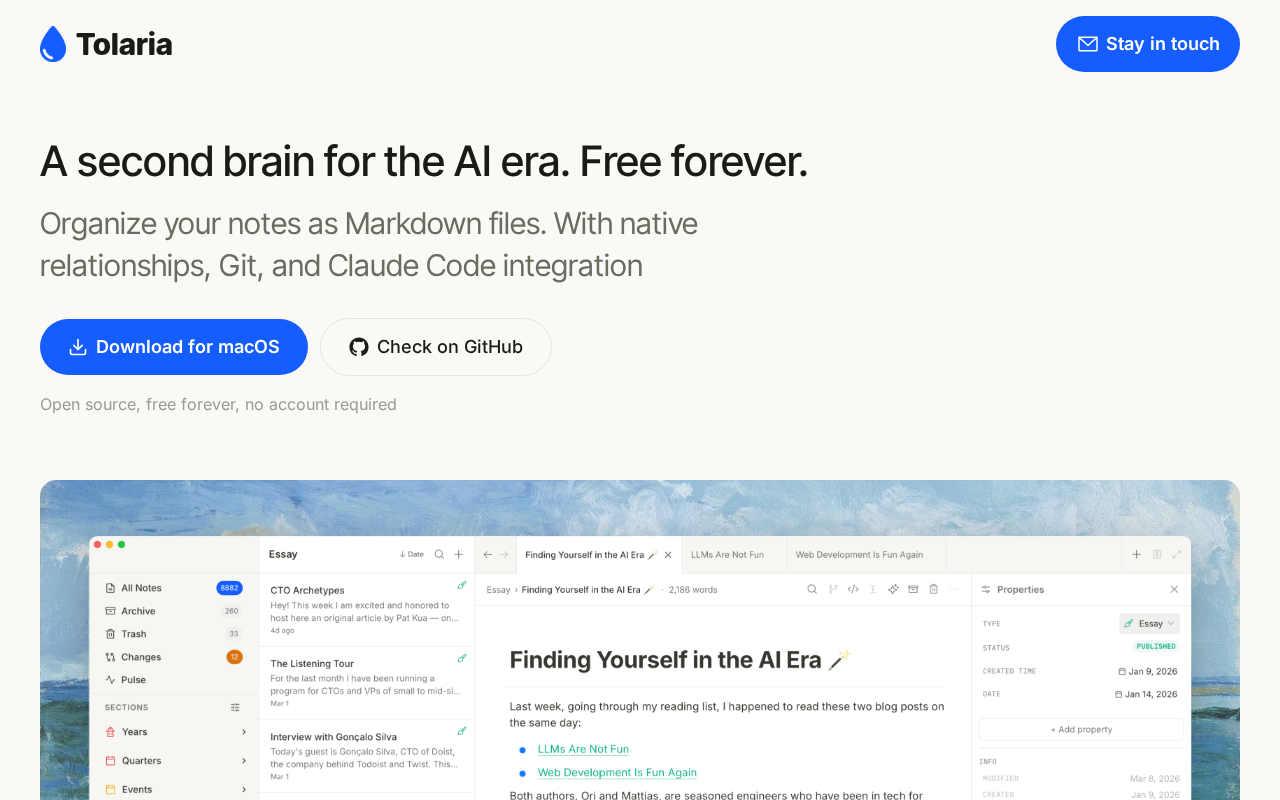 Screenshot of Tolaria — A second brain for the AI era