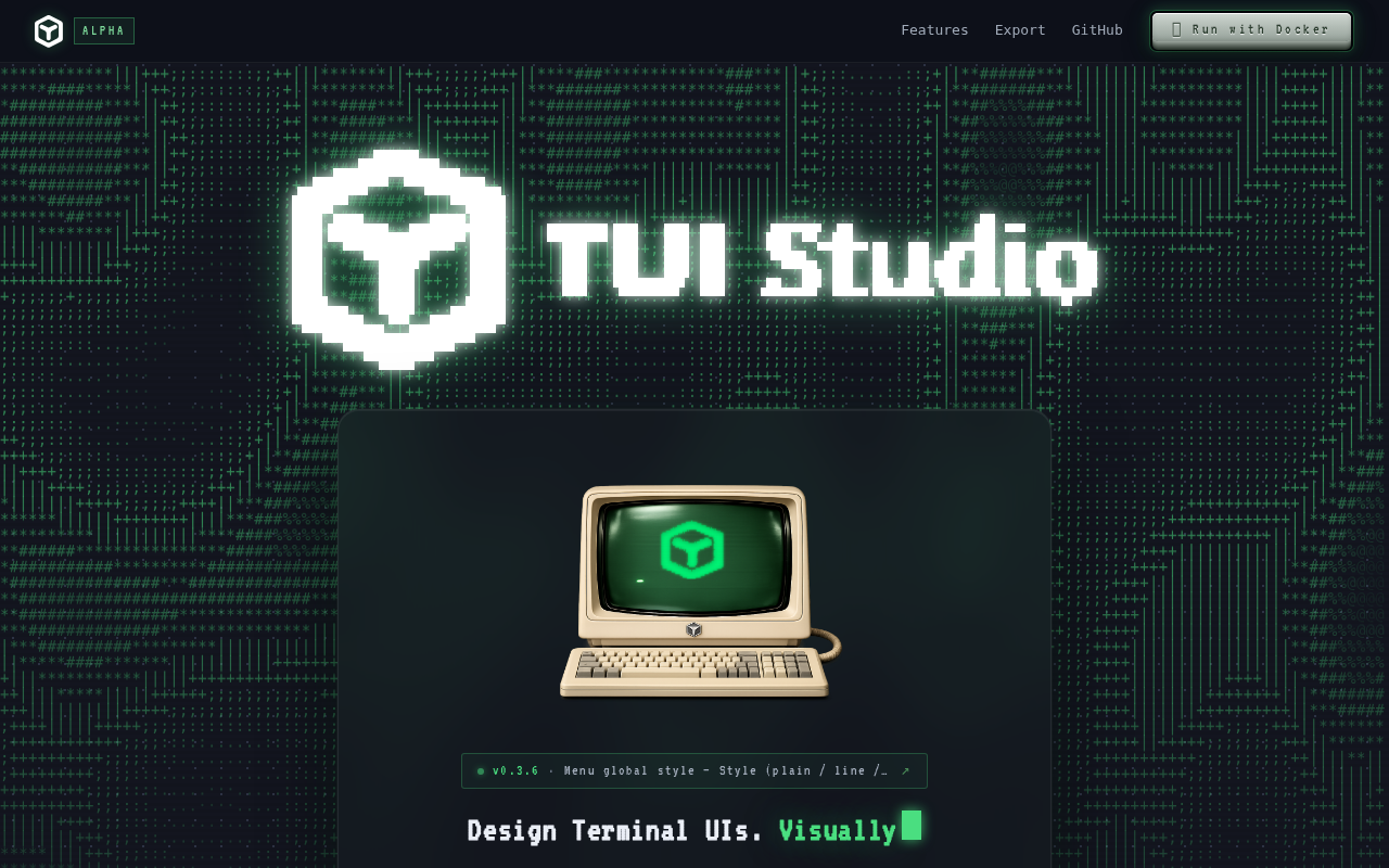 Screenshot of TUIStudio — Design Terminal UIs. Visually.