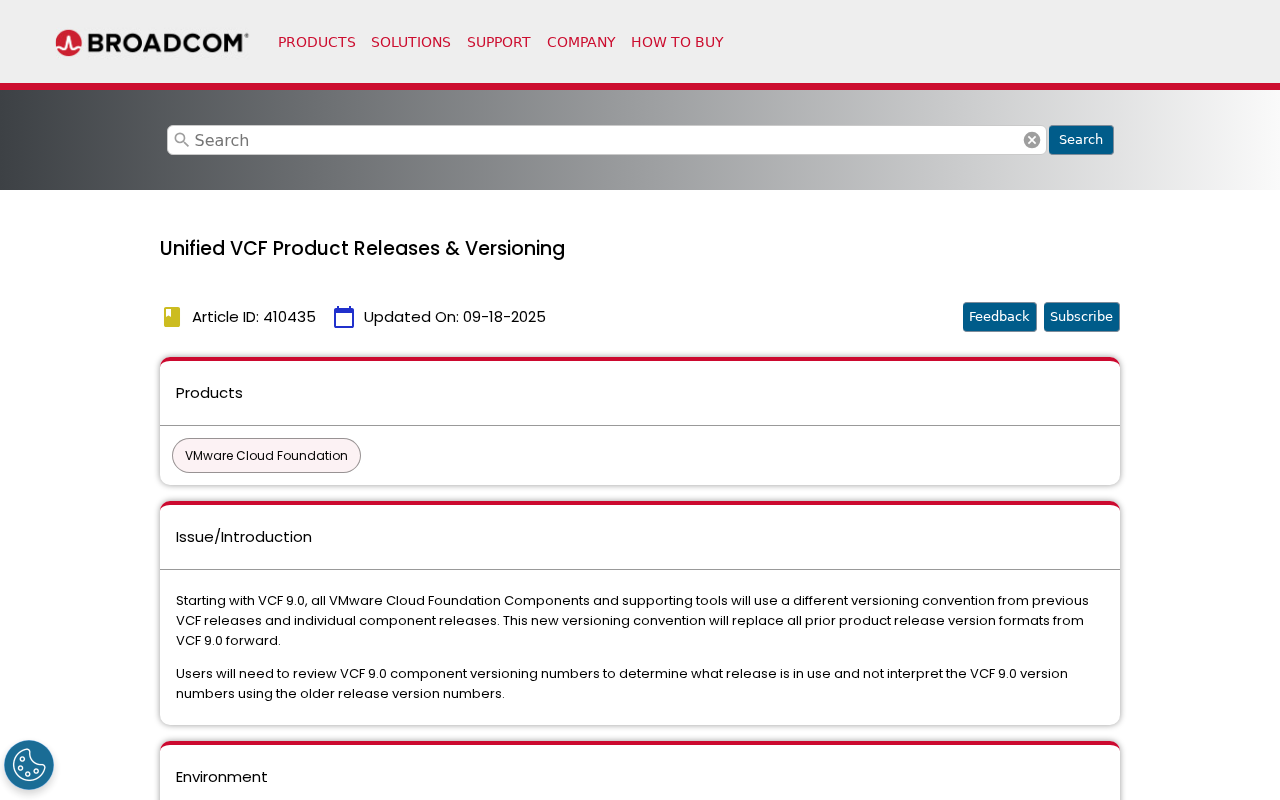 Screenshot of Unified VCF Product Releases & Versioning