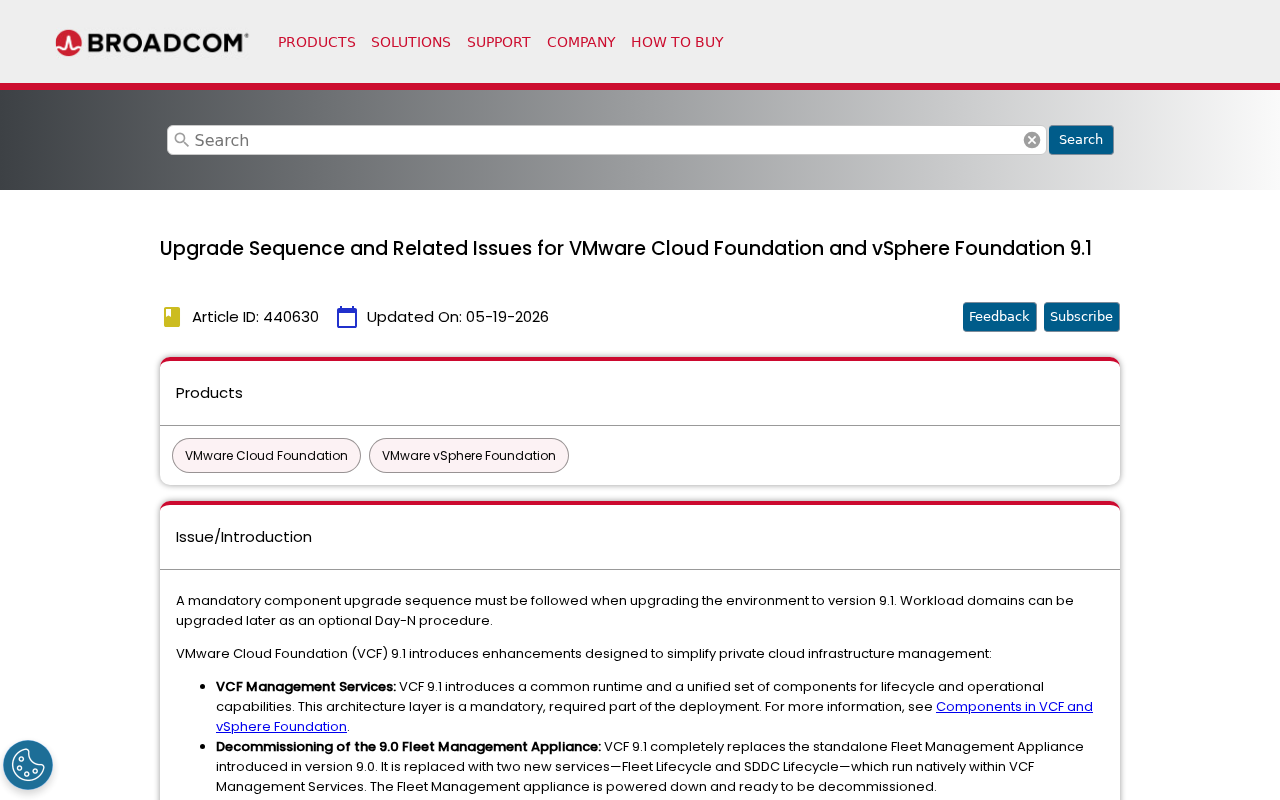 Screenshot of Upgrade Sequence and Related Issues for VMware Cloud Foundation and vSphere Foundation 9.1
