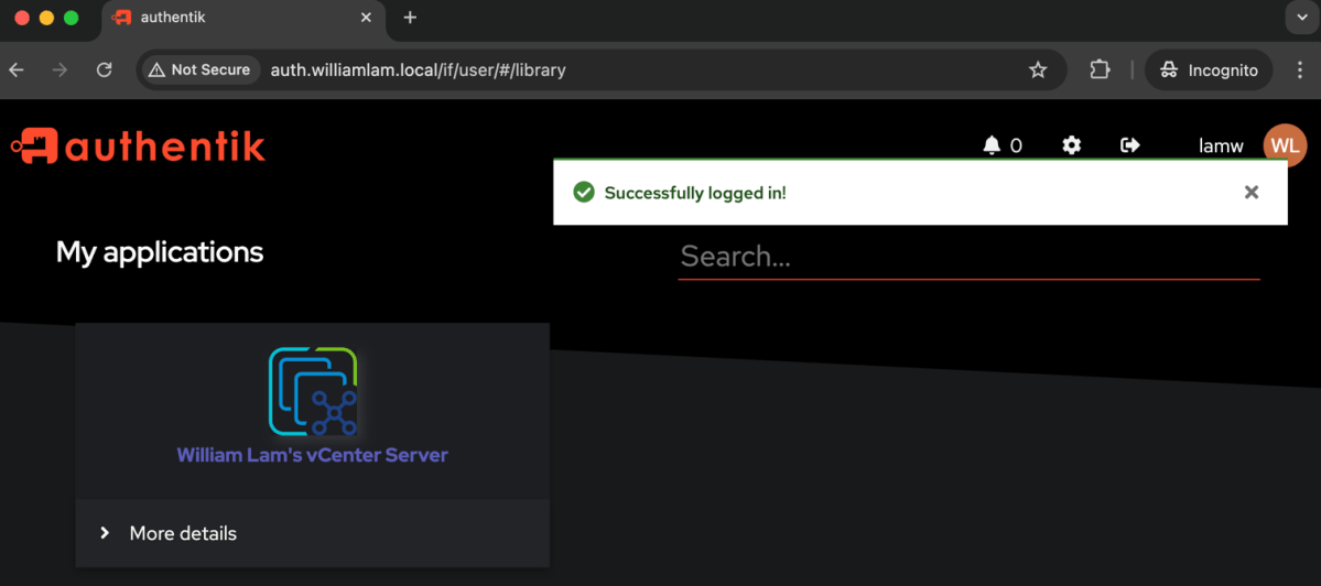 Screenshot of vCenter Server Identity Federation with Authentik Identity Provider