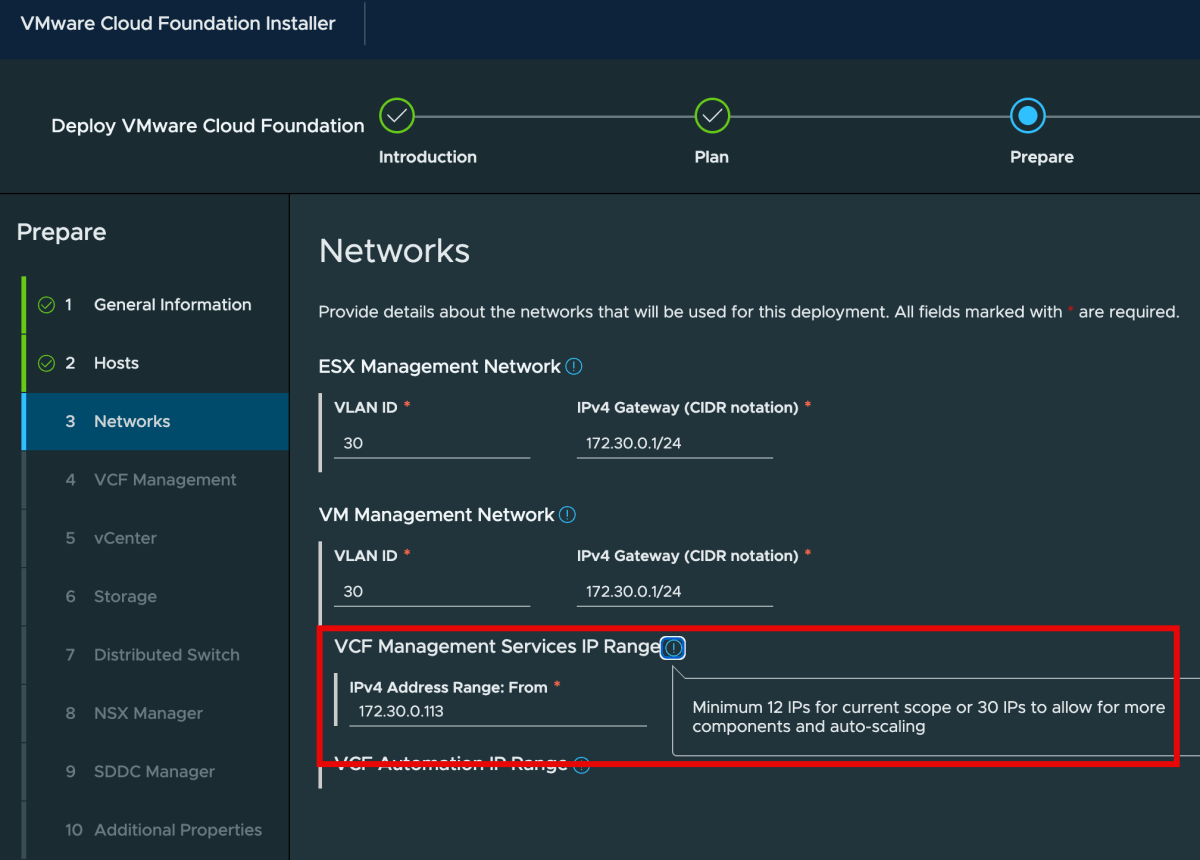 Screenshot of VCF 9.1 - Additional IP allocation options for VCF Management Services (VCFMS) in VCF Installer and SDDC Manager