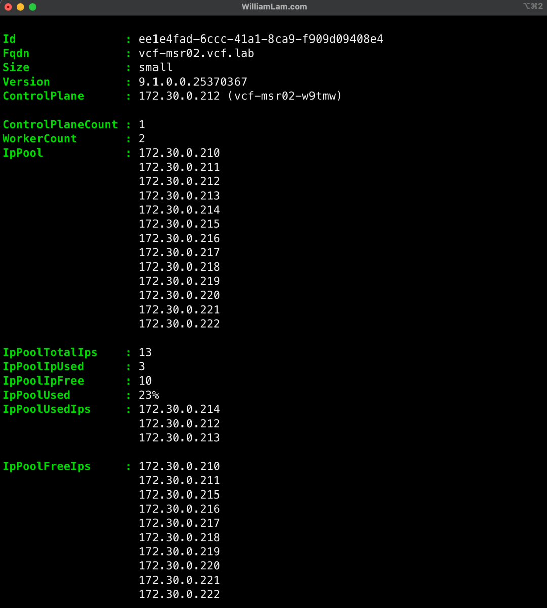 Screenshot of VCF 9.1 - Auditing VCF Management Services (VCFMS) IP Pool Usage