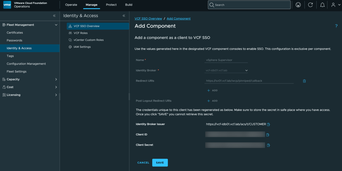 Screenshot of VCF 9.1 - Configuring vSphere Supervisor to use VCF Identity Broker (IDB) for External Identity Federation