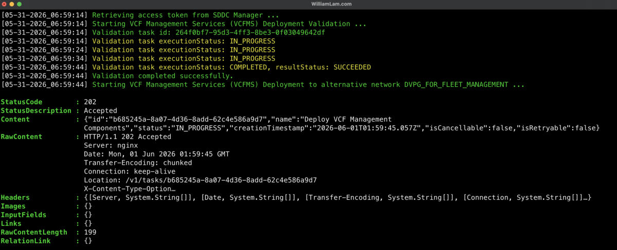 Screenshot of VCF 9.1 - Deploying VCF Management Services (VCFMS) to non-Management Network during VCF Upgrade