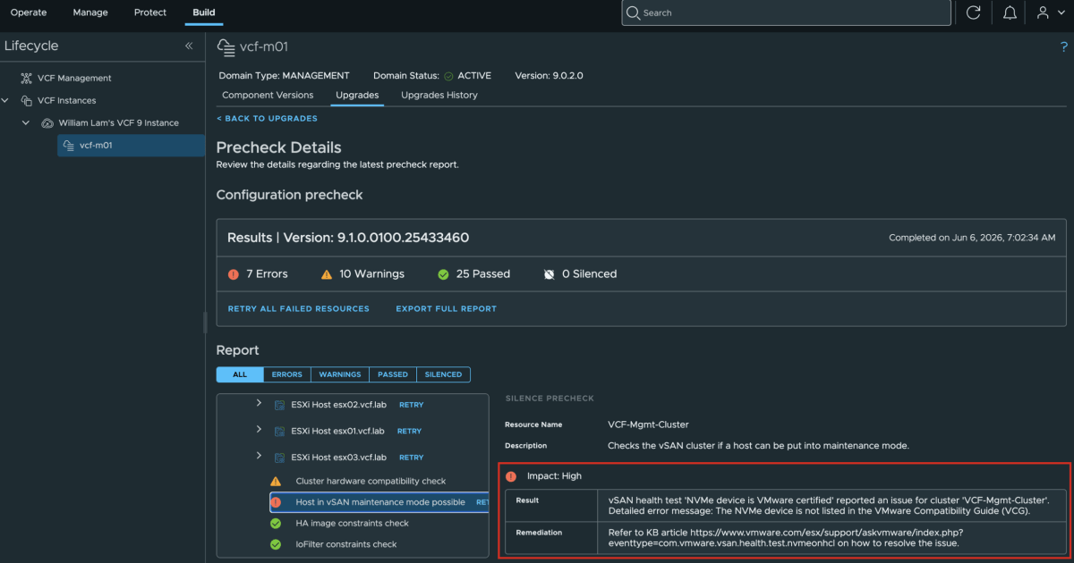 Screenshot of VCF 9.1 - Quick Tip: Upgrading ESX Hosts with Non-Certified vSAN ESA NVMe Devices in SDDC Manager