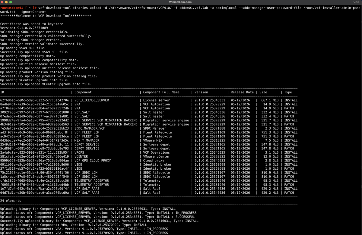 Screenshot of VCF 9.1 - Side-loading VCF binaries into VCF Installer & Fleet Depot Service for Air-Gapped Environments