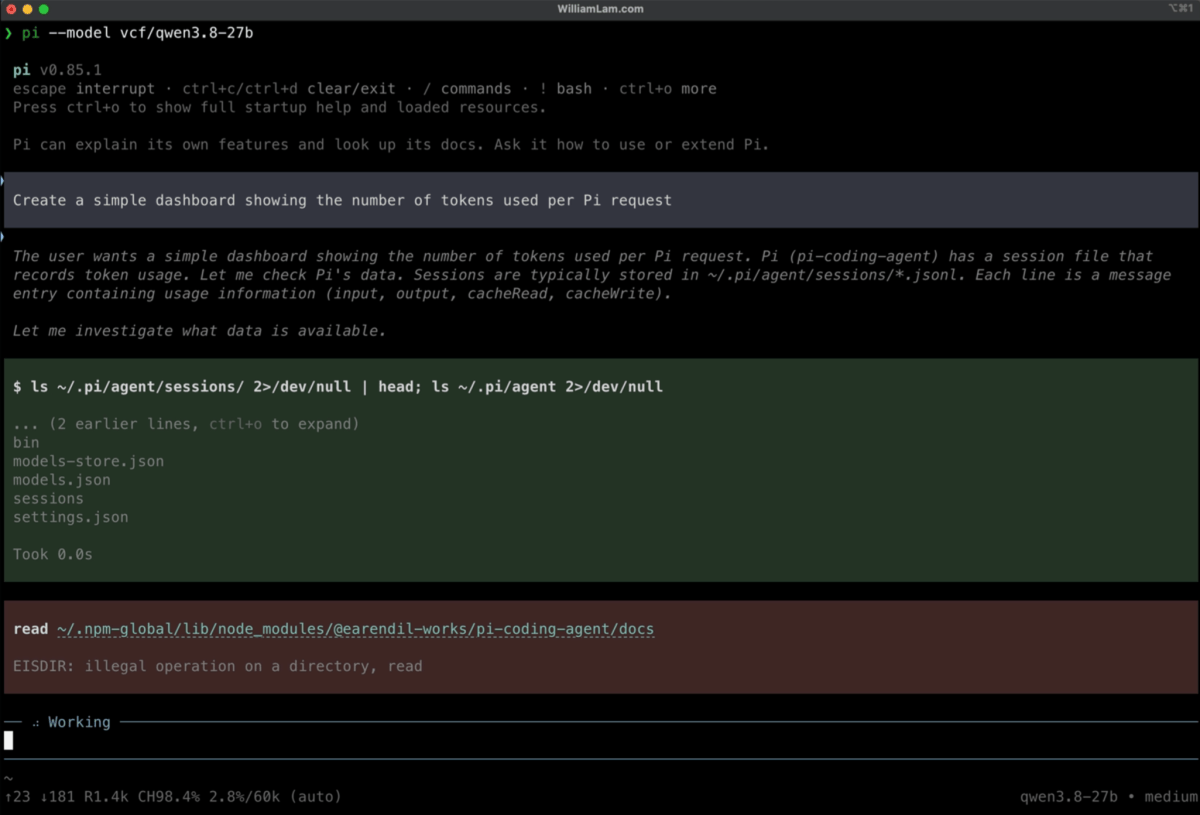 Screenshot of VCF 9.1.1 - Connecting Pi Coding Agent to VCF Private AI Services (PAIS)