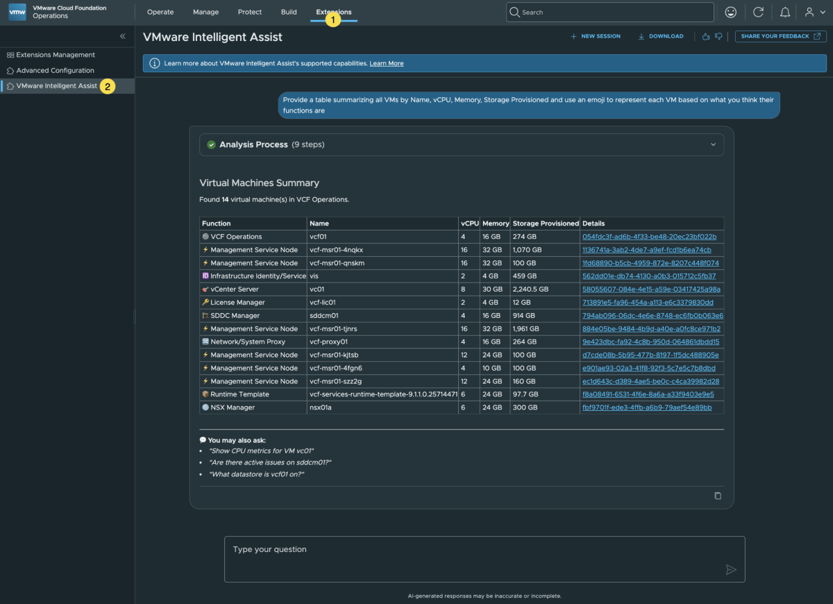 Screenshot of VCF 9.1.1 - Enabling the the new AI Assistant for VCF in VCF Operations