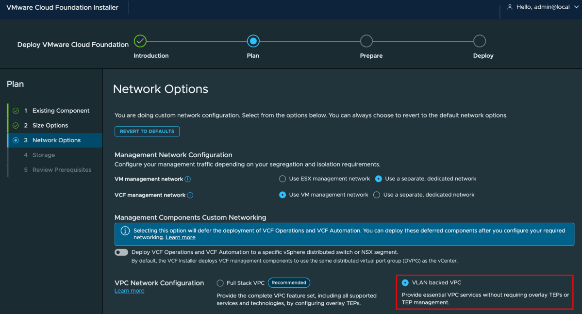 Screenshot of VCF 9.1.1 - Simplified vSphere Kubernetes Service (VKS) using VLAN-Backed VPCs without NSX Tunnel Endpoints (TEPs)