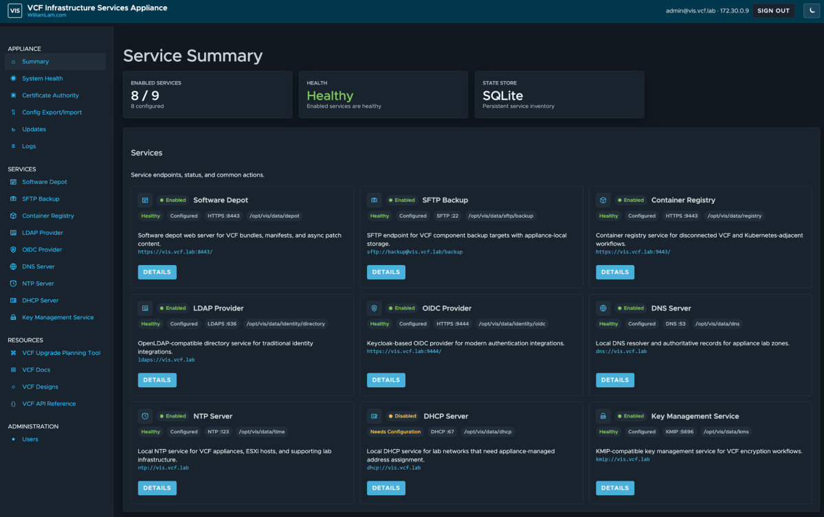 Screenshot of VCF Infrastructure Services (VIS) Appliance for VCF 9.1 Lab/PoC