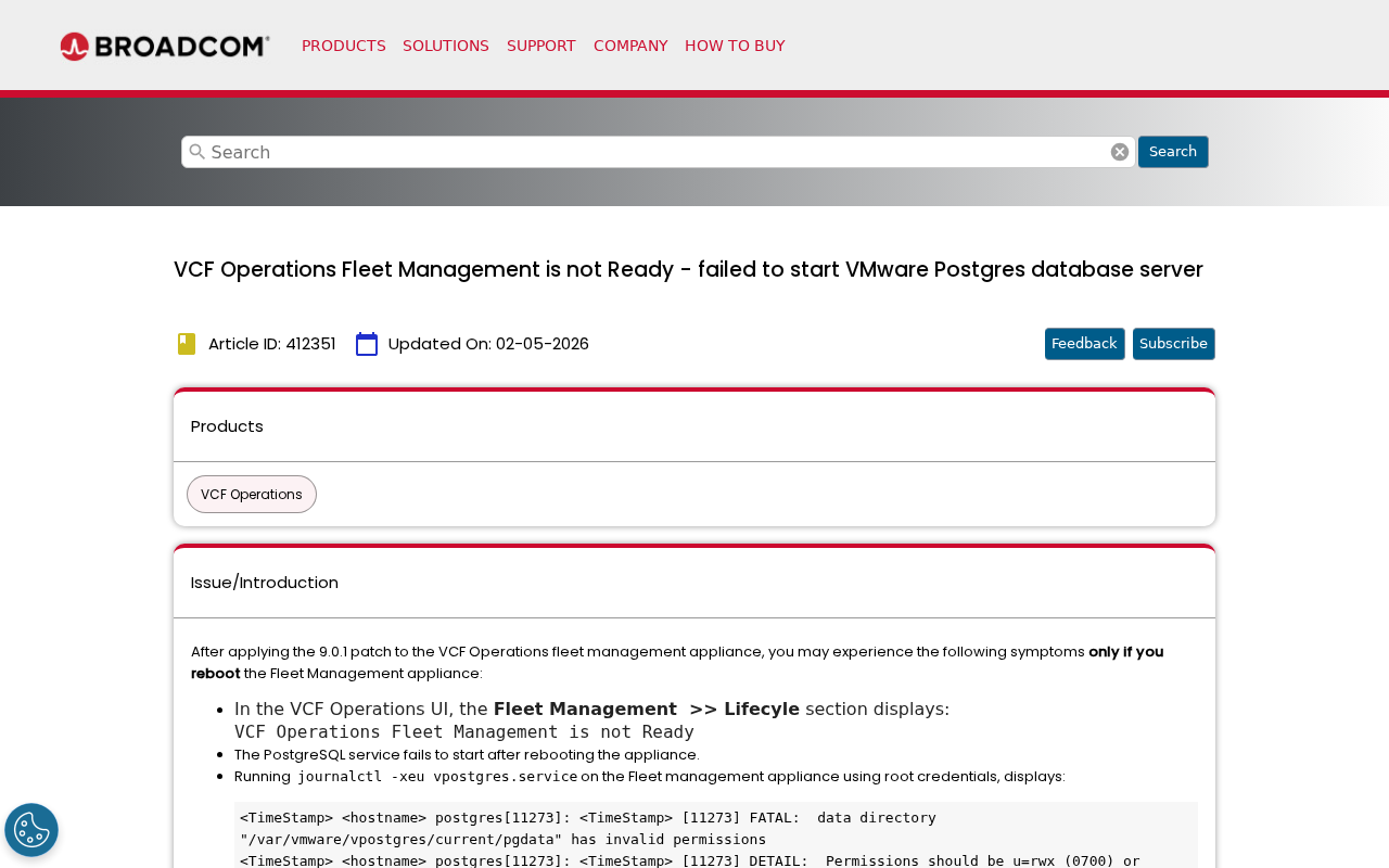 Screenshot of VCF Operations Fleet Management is not Ready - failed to start VMware Postgres database server