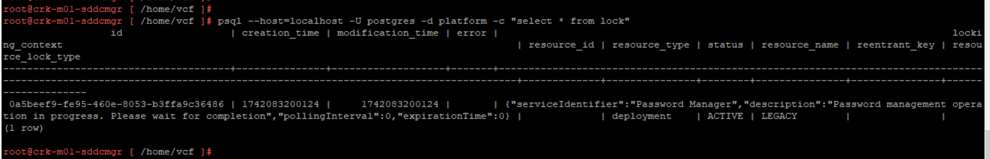 Screenshot of VCF SDDC Manager – Operation not allowed due to System Lock held by Password Manager