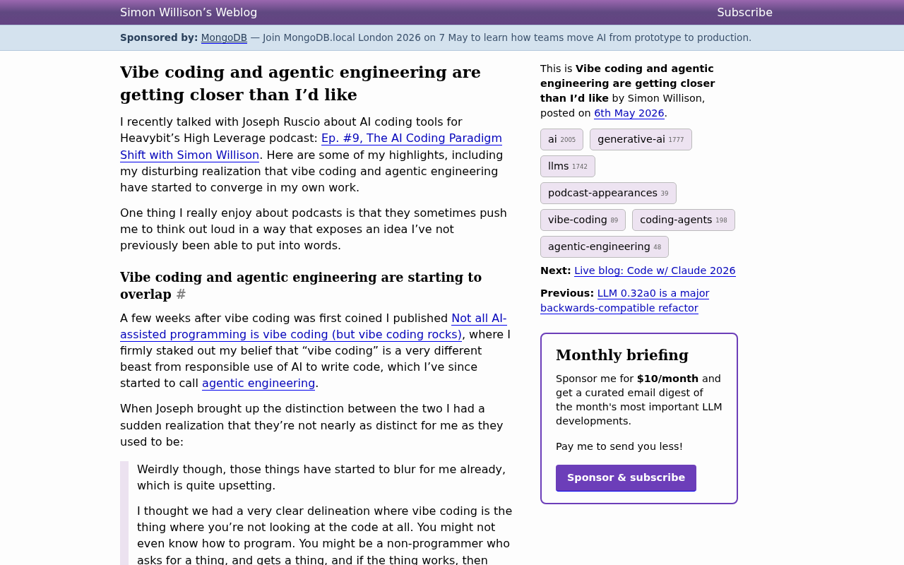 Screenshot of Vibe coding and agentic engineering are getting closer than I’d like