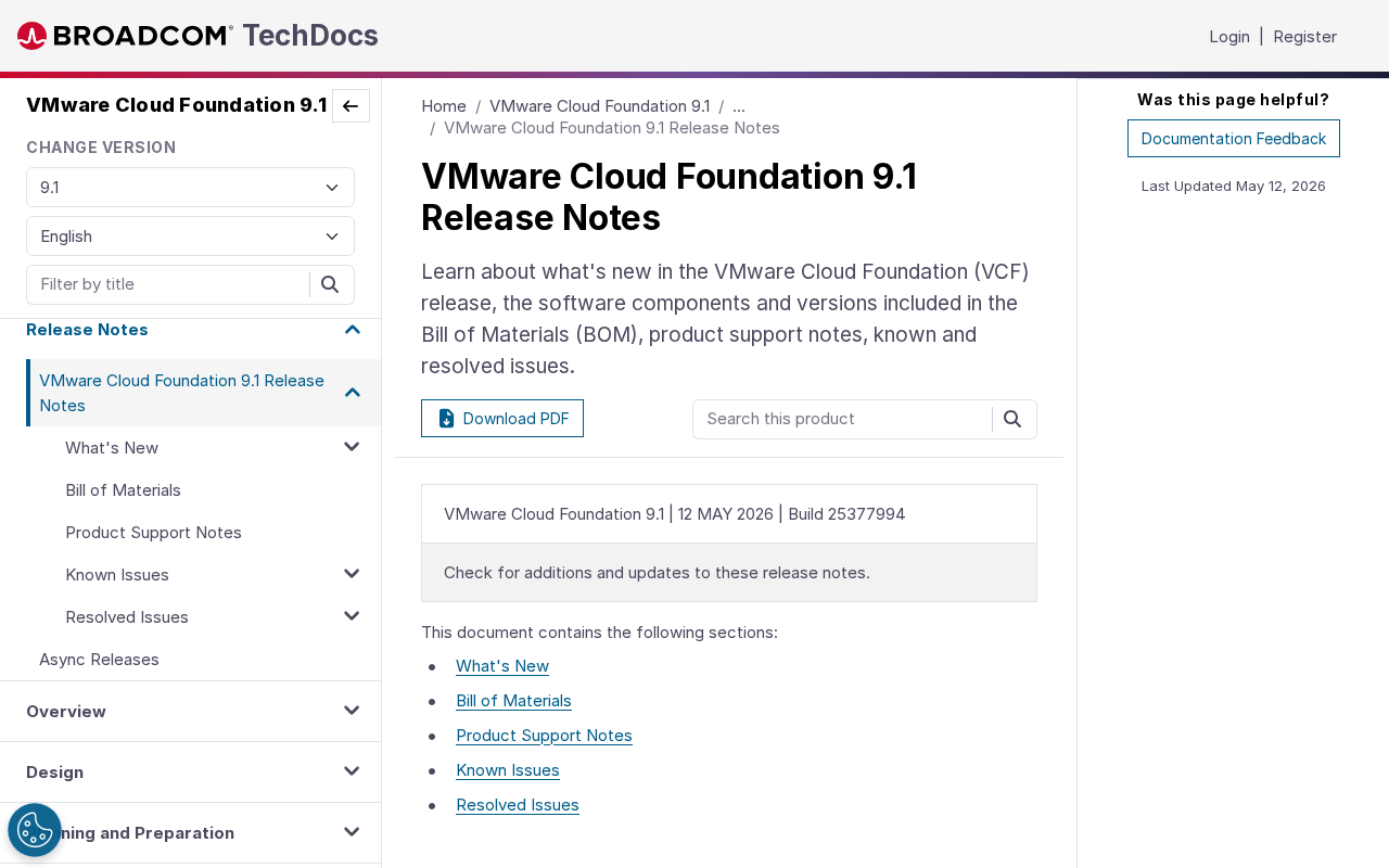 Screenshot of VMware Cloud Foundation 9.1 Release Notes