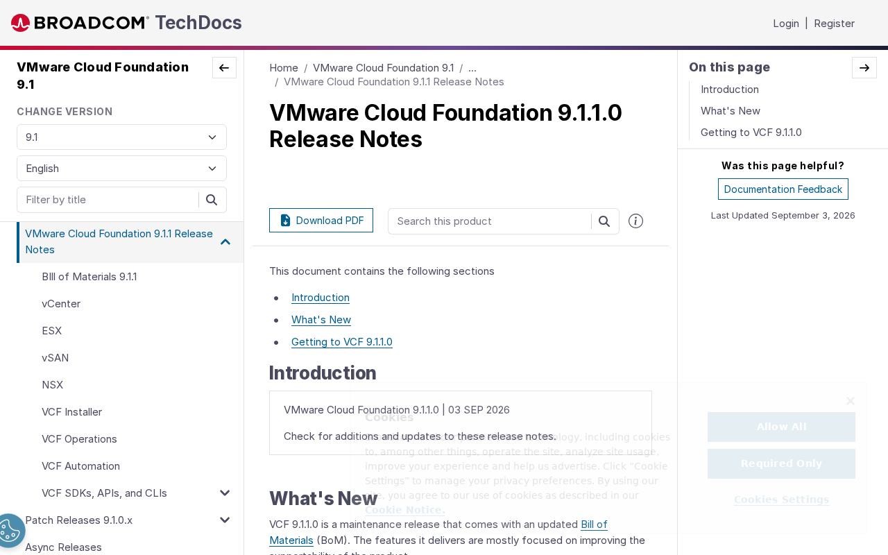 Screenshot of VMware Cloud Foundation 9.1.1.0 Release Notes