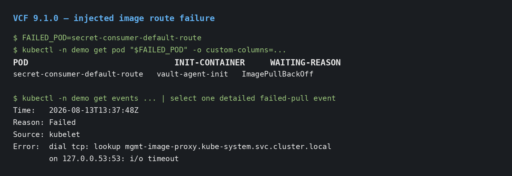 Screenshot of Working Around a Secret Store Image-Pull Failure on VKS in VCF 9.1.0