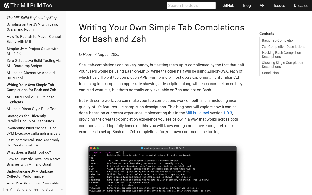 Screenshot of Writing Your Own Simple Tab-Completions for Bash and Zsh :: The Mill Build Tool